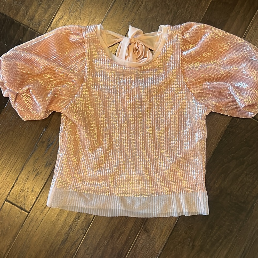 Sarah Hann rose gold sequin puff sleeve top Anthropologie S